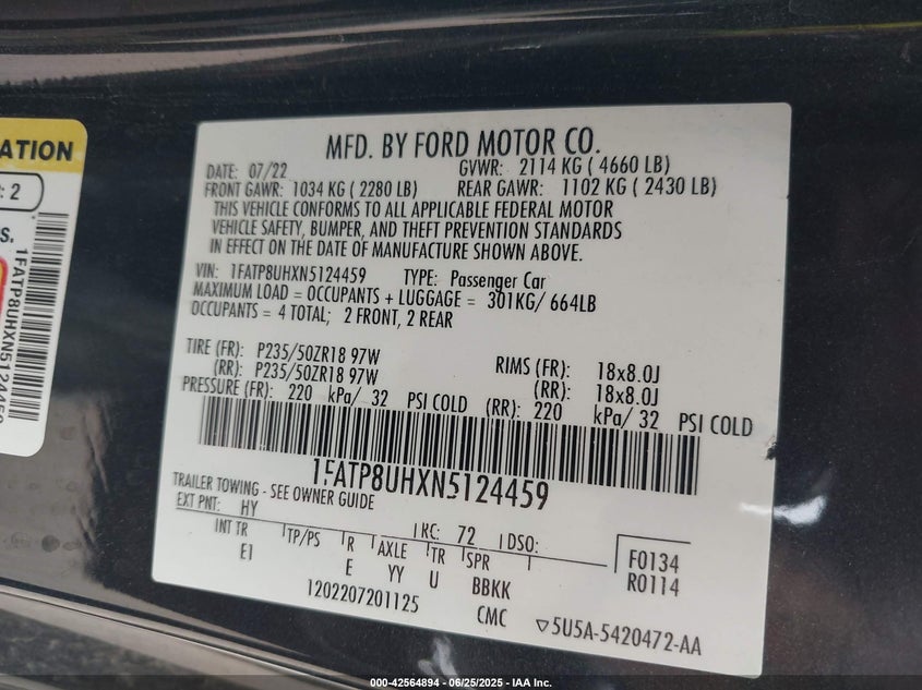 2022 FORD MUSTANG ECOBOOST PREMIUM - 1FATP8UHXN5124459