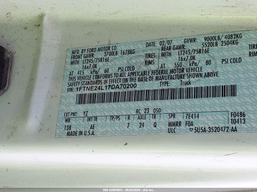 2007 Ford E-250 Commercial/Recreational VIN: 1FTNE24L17DA70200 Lot: 42564903