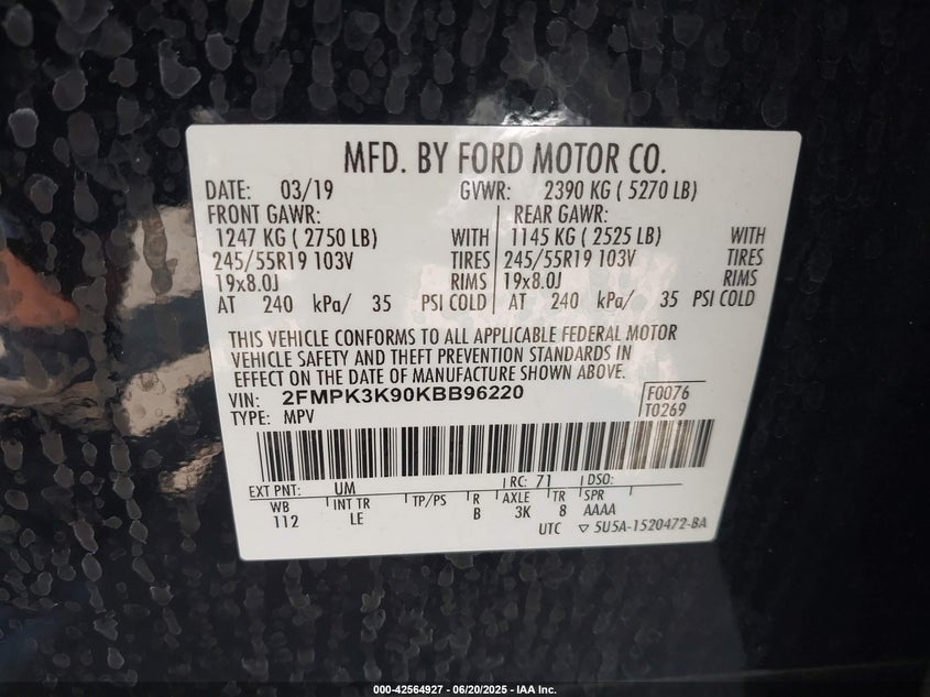 2019 FORD EDGE TITANIUM - 2FMPK3K90KBB96220