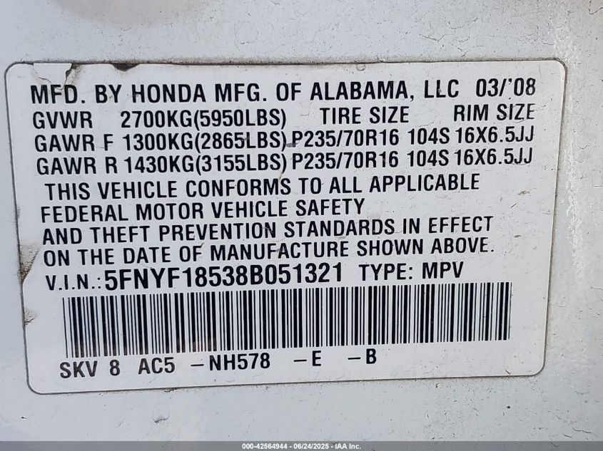 2008 Honda Pilot Ex-L VIN: 5FNYF18538B051321 Lot: 42564944
