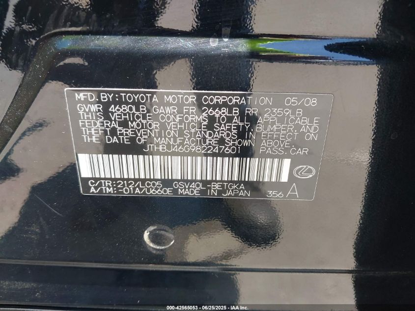 2008 Lexus Es 350 VIN: JTHBJ46G982247601 Lot: 42565053