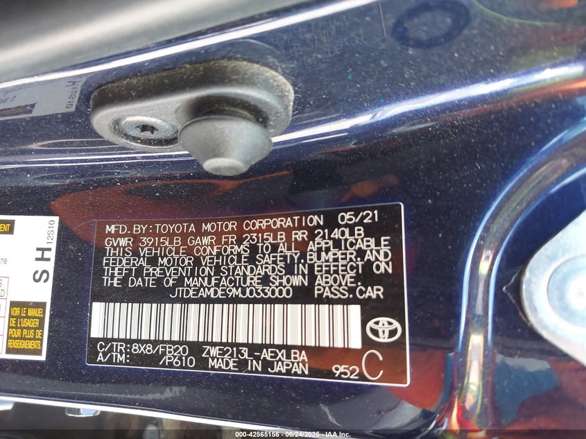 2021 TOYOTA COROLLA HYBRID LE - JTDEAMDE9MJ033000