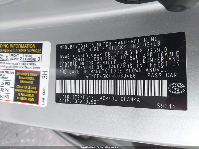 2009 TOYOTA CAMRY VIN: 4T4BE46K79R060486