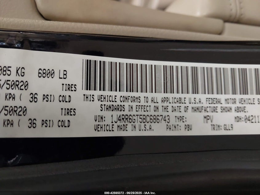 2011 JEEP GRAND CHEROKEE VIN: 1J4RR6GT5BC686743