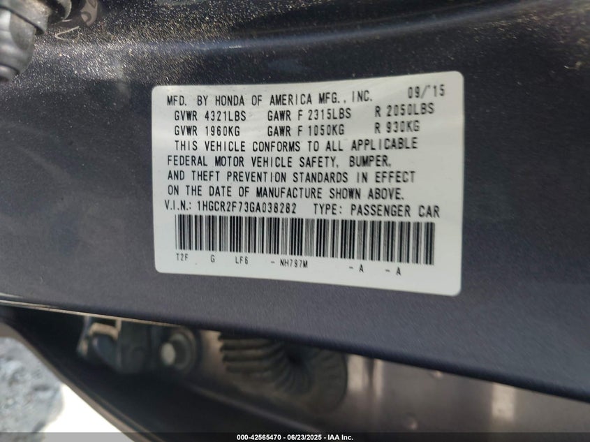 2016 HONDA ACCORD VIN: 1HGCR2F73GA038282