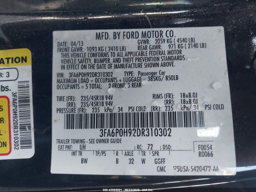 2013 FORD FUSION VIN: 3FA6P0H92DR310302