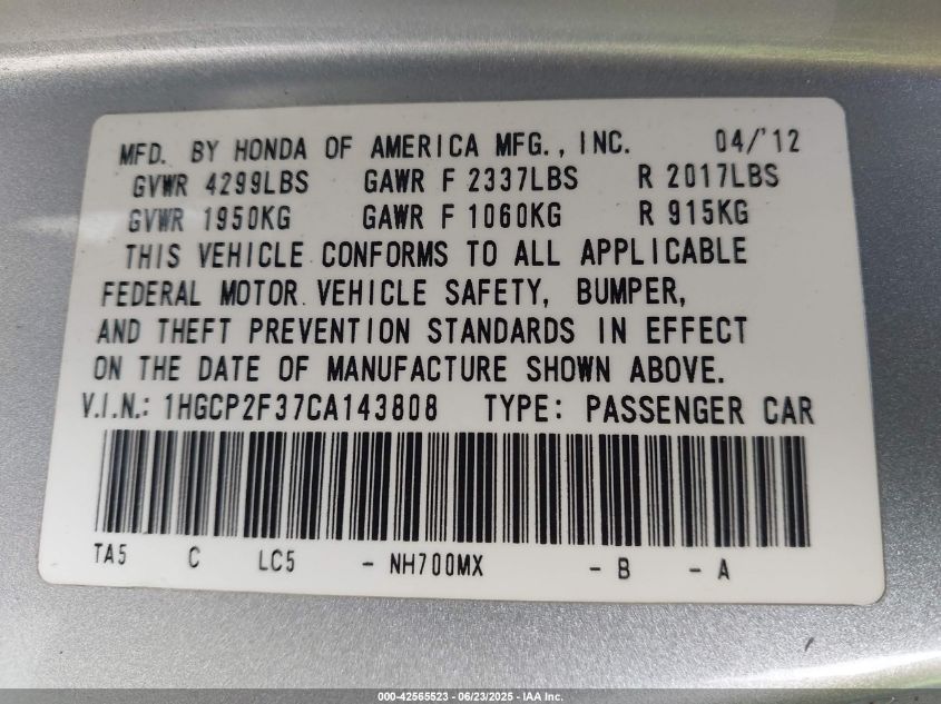 2012 Honda Accord 2.4 Lx VIN: 1HGCP2F37CA143808 Lot: 42565523