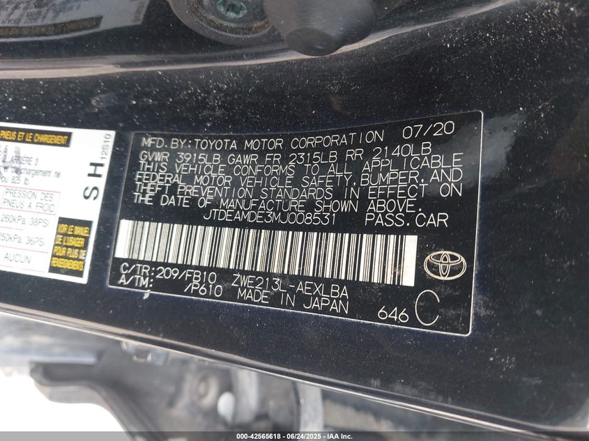 2021 TOYOTA COROLLA HYBRID LE - JTDEAMDE3MJ008531