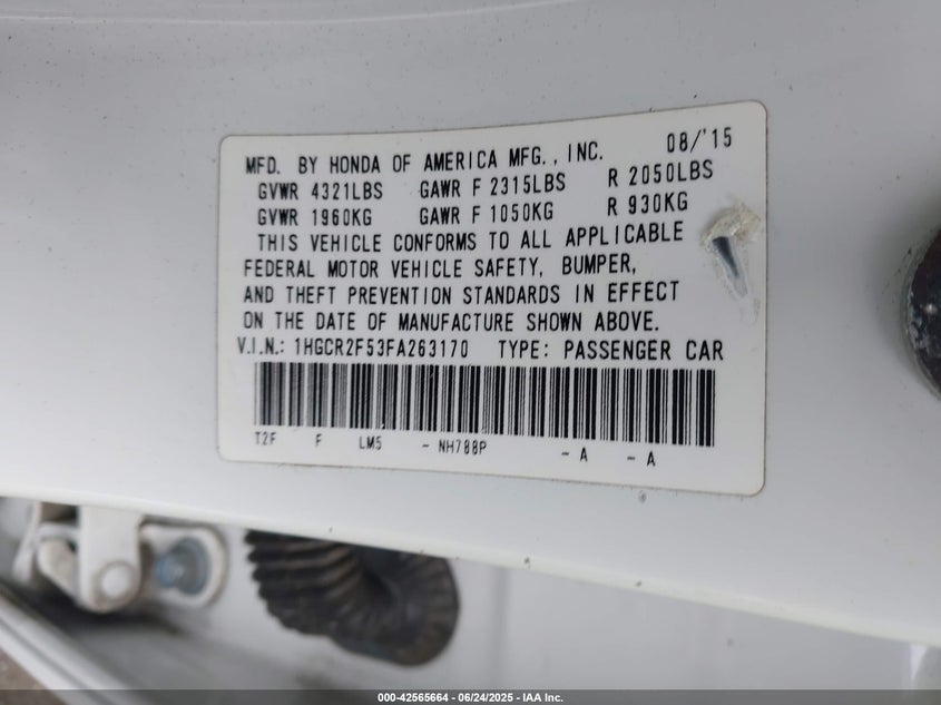 2015 HONDA ACCORD VIN: 1HGCR2F53FA263170