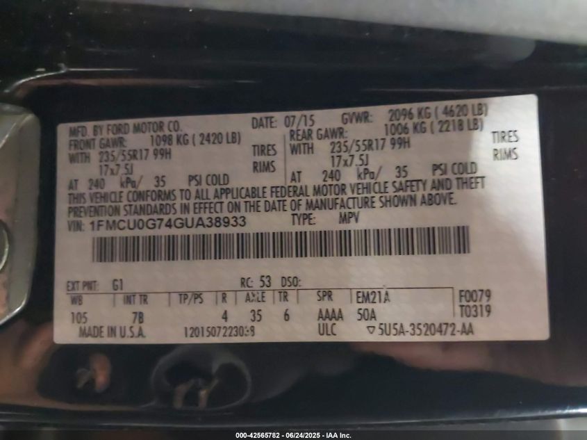 2016 Ford Escape Se VIN: 1FMCU0G74GUA38933 Lot: 42565782