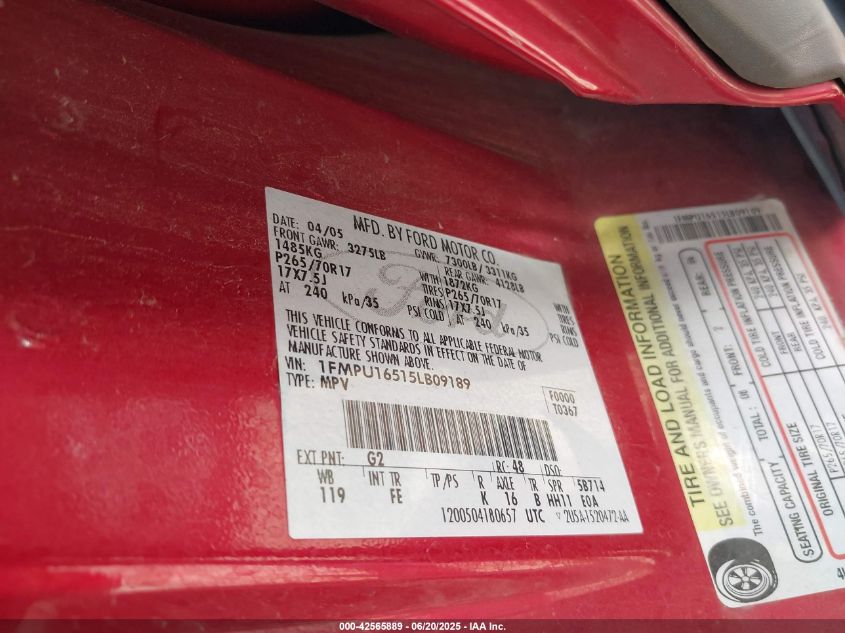 2005 Ford Expedition Nbx/Xlt VIN: 1FMPU16515LB09189 Lot: 43431723