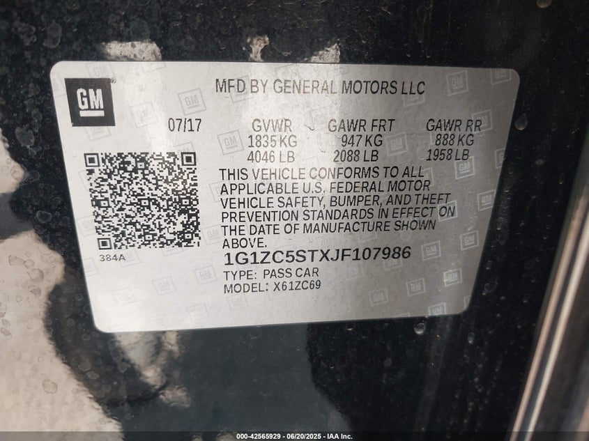 2018 Chevrolet Malibu 1Fl VIN: 1G1ZC5STXJF107986 Lot: 42565929