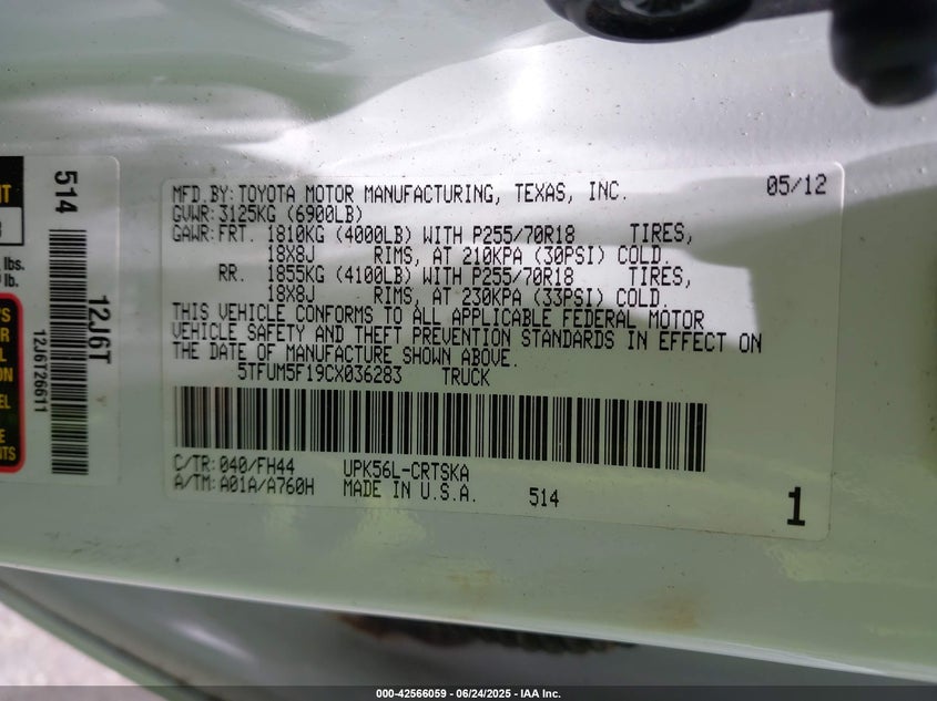 2012 TOYOTA TUNDRA VIN: 5TFUM5F19CX036283