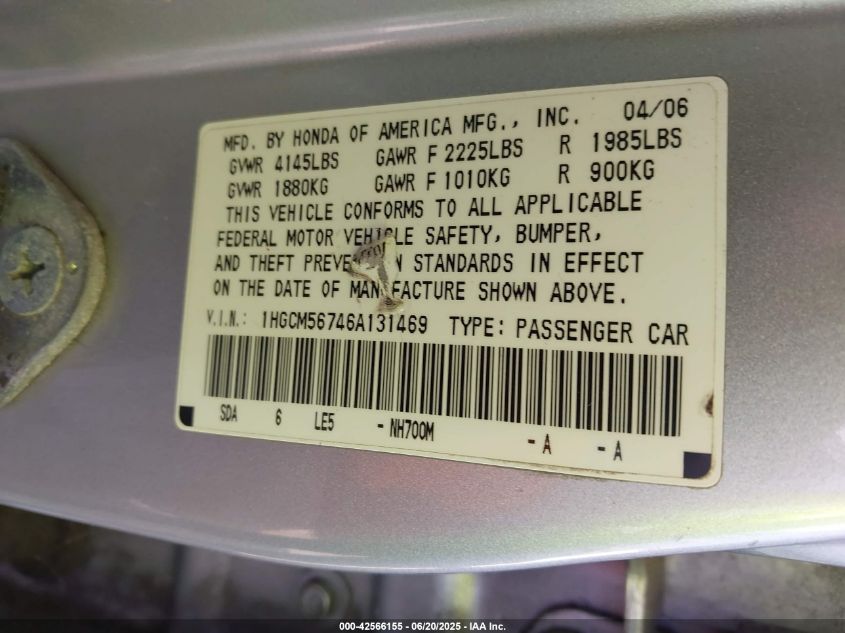 2006 Honda Accord 2.4 Ex VIN: 1HGCM56746A131469 Lot: 42566155