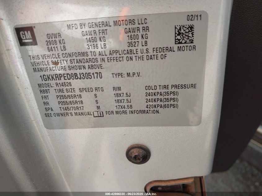 2011 GMC Acadia Sle VIN: 1GKKRPED8BJ305170 Lot: 42566330