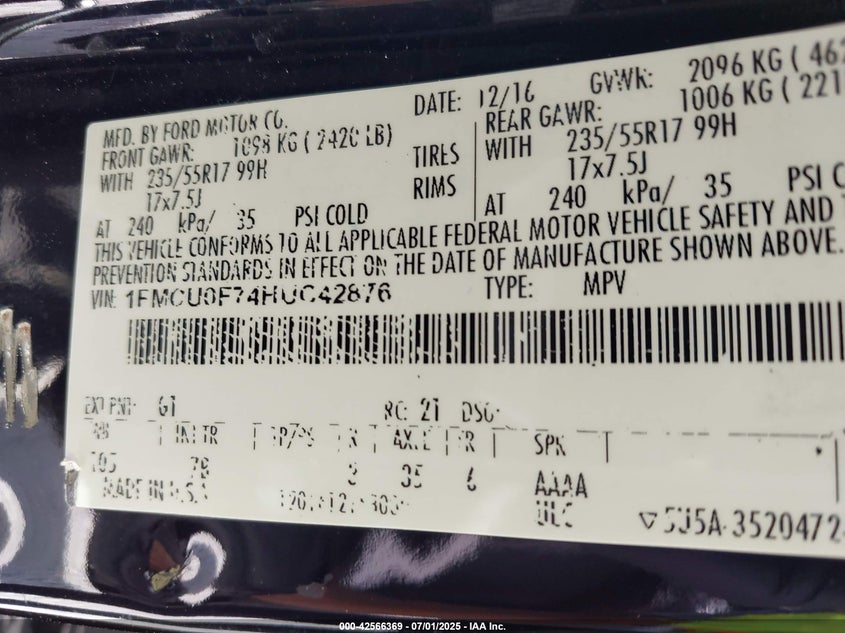 2017 FORD ESCAPE VIN: 1FMCU0F74HUC42876