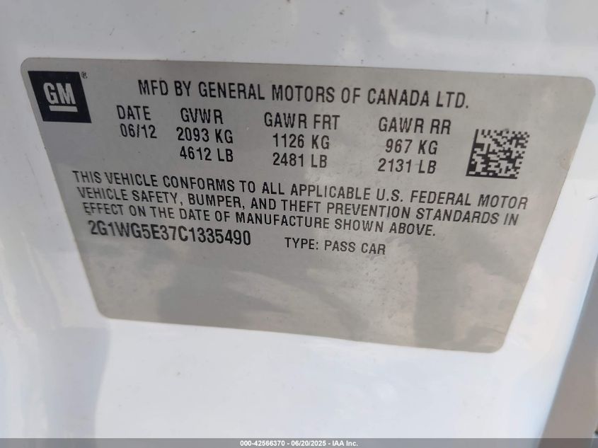 2012 Chevrolet Impala Lt VIN: 2G1WG5E37C1335490 Lot: 42566370