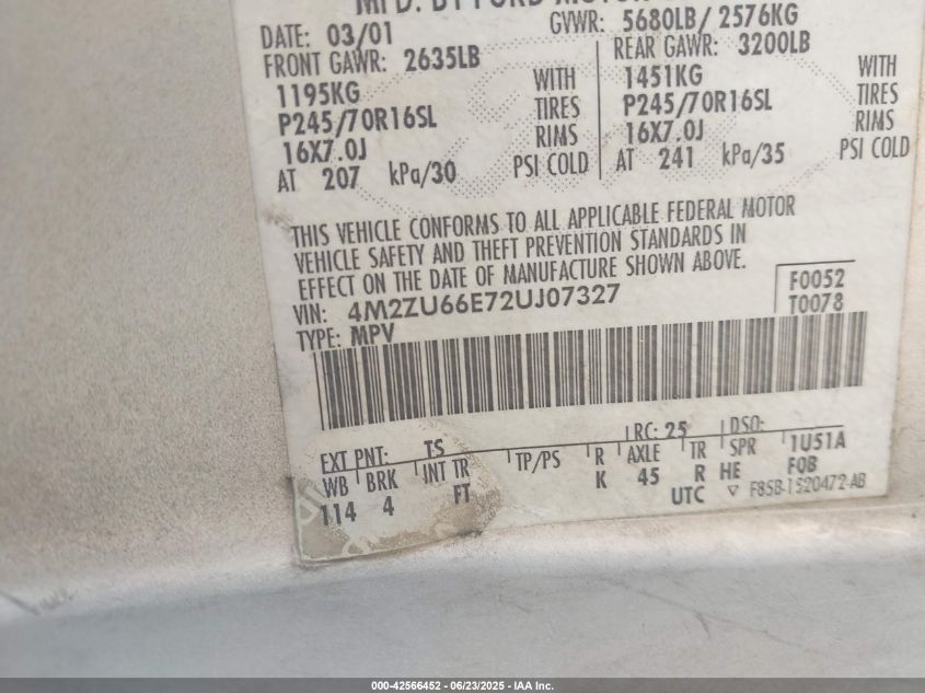 2002 Mercury Mountaineer VIN: 4M2ZU66E72UJ07327 Lot: 42566452