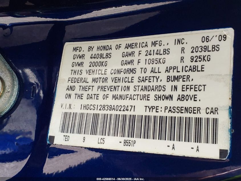 2009 Honda Accord 2.4 Ex-L VIN: 1HGCS12839A022471 Lot: 42566514