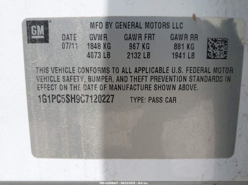 2012 Chevrolet Cruze Ls VIN: 1G1PC5SH9C7120227 Lot: 42566547