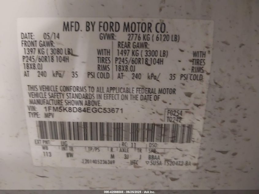 2014 Ford Explorer Xlt VIN: 1FM5K8D84EGC53671 Lot: 42566588