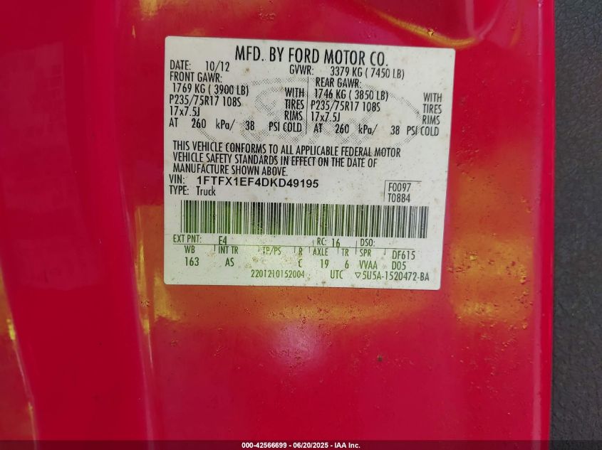 2013 Ford F-150 Xl VIN: 1FTFX1EF4DKD49195 Lot: 42566699
