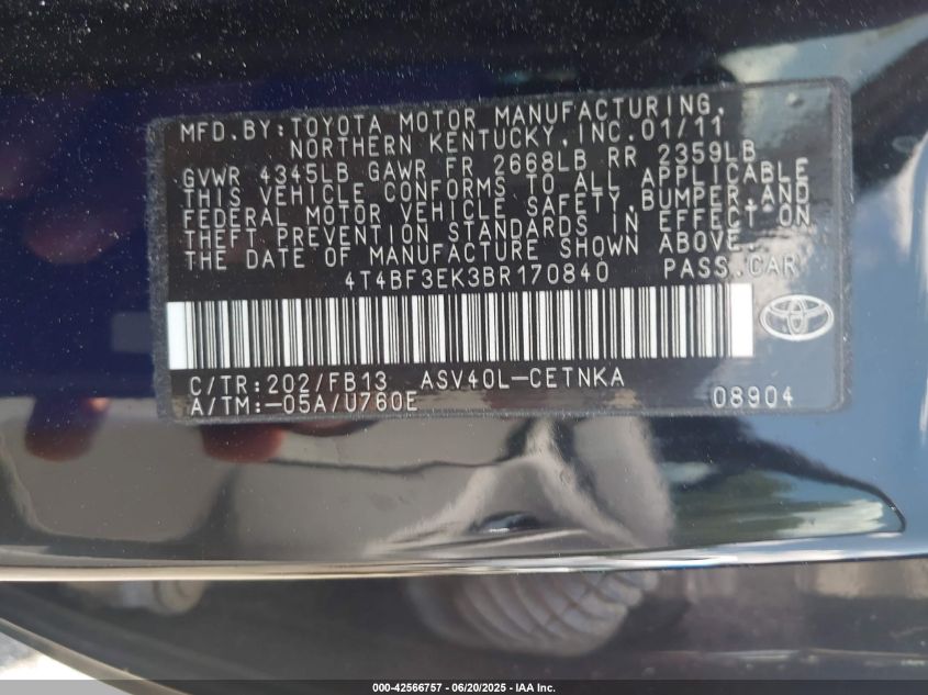 2011 Toyota Camry Le VIN: 4T4BF3EK3BR170840 Lot: 42566757