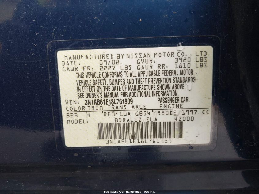 2008 Nissan Sentra 2.0S VIN: 3N1AB61E18L761939 Lot: 42566772