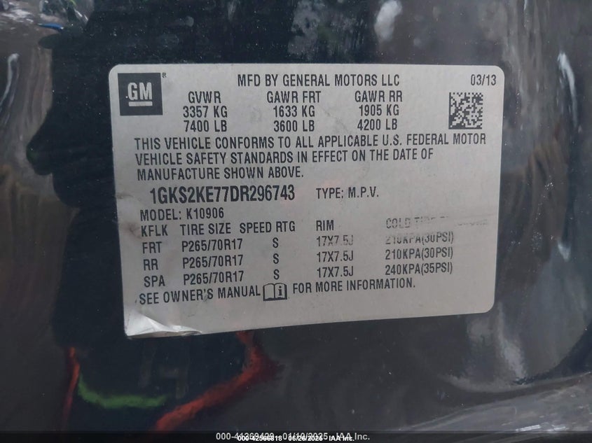 2013 GMC Yukon Xl 1500 Slt VIN: 1GKS2KE77DR296743 Lot: 42566818