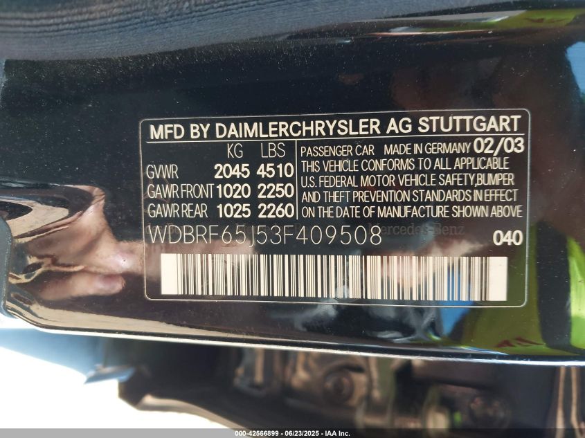 2003 Mercedes-Benz C 32 Amg VIN: WDBRF65J53F409508 Lot: 42566899