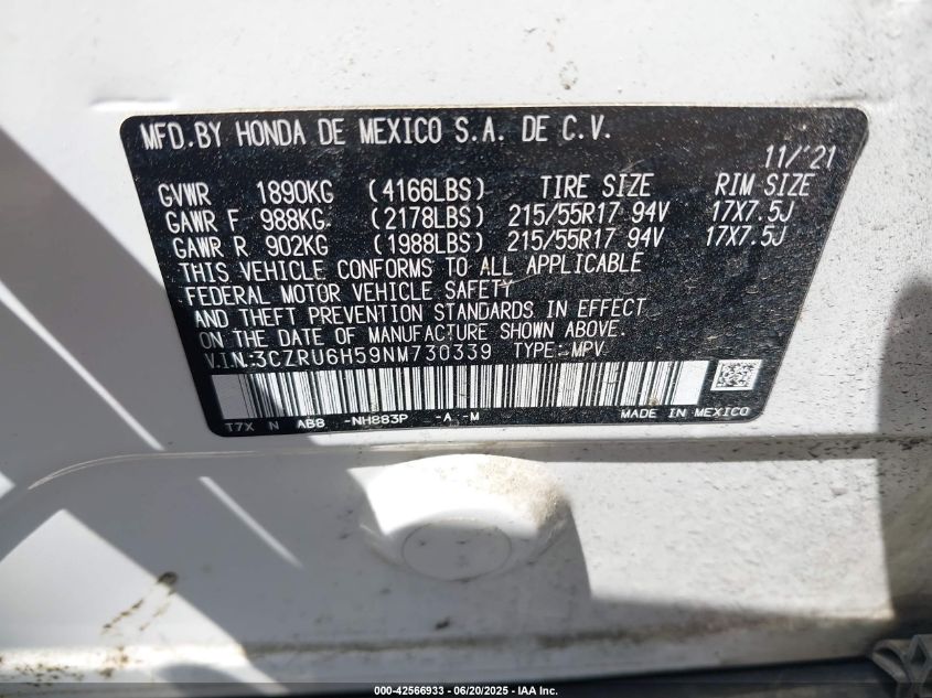 2022 Honda Hr-V Awd Ex VIN: 3CZRU6H59NM730339 Lot: 42566933