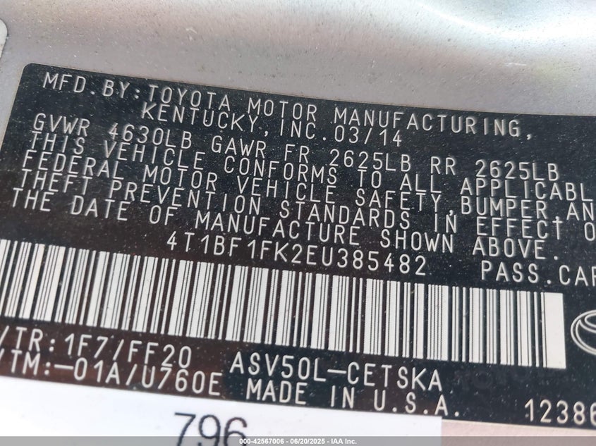 2014 TOYOTA CAMRY VIN: 4T1BF1FK2EU385482
