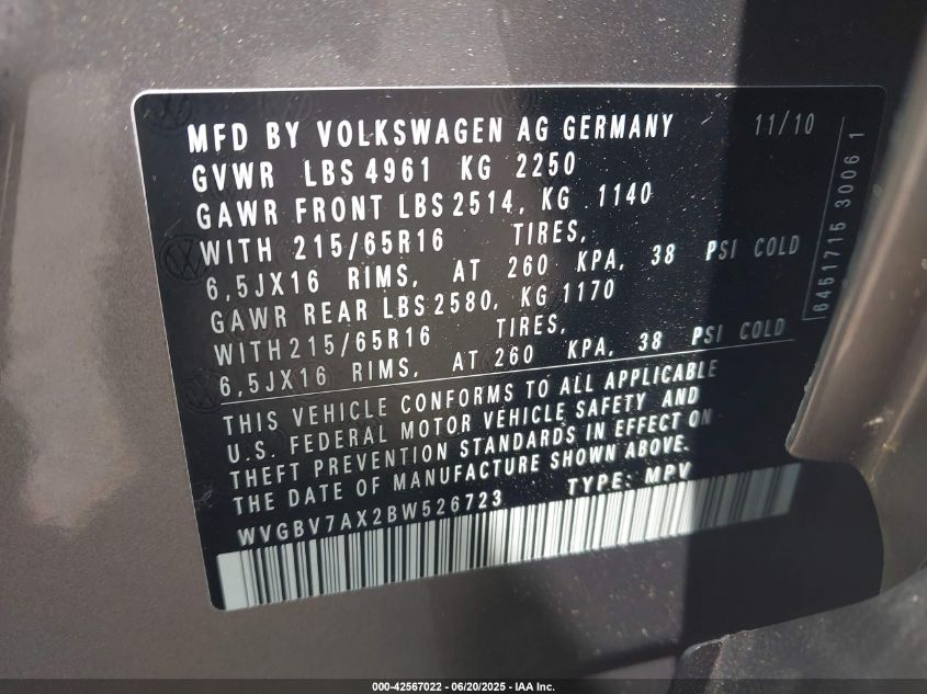 2011 Volkswagen Tiguan S VIN: WVGBV7AX2BW526723 Lot: 42567022