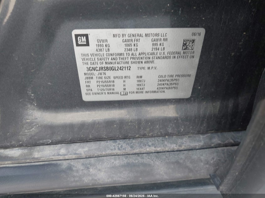 2016 CHEVROLET TRAX LTZ - 3GNCJRSB0GL242112