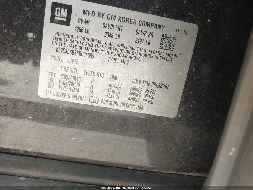 2015 CHEVROLET TRAX LT - KL7CJLSB6FB096589