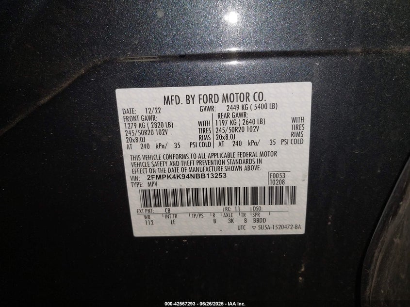 VIN 2FMPK4K94NBB13253 2022 FORD EDGE TITANIUM