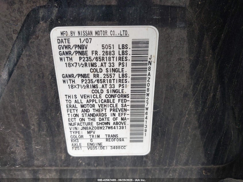 2007 Nissan Murano Sl VIN: JN8AZ08W27W641391 Lot: 42567489