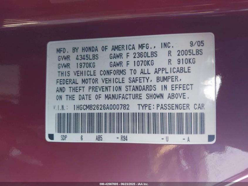 2006 Honda Accord VIN: 1HGCM82626A00078 Lot: 42567605