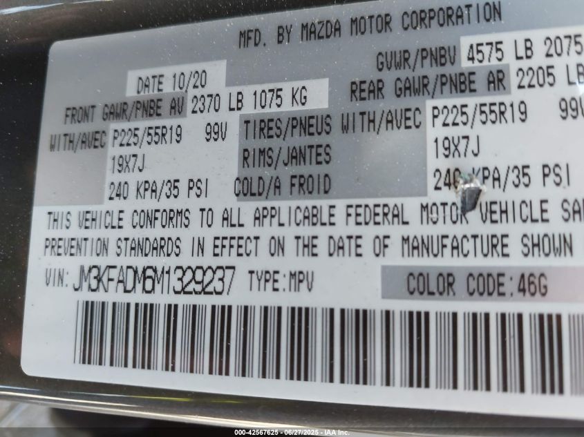 2021 Mazda Cx-5 Grand Touring VIN: JM3KFADM6M1329237 Lot: 42567625