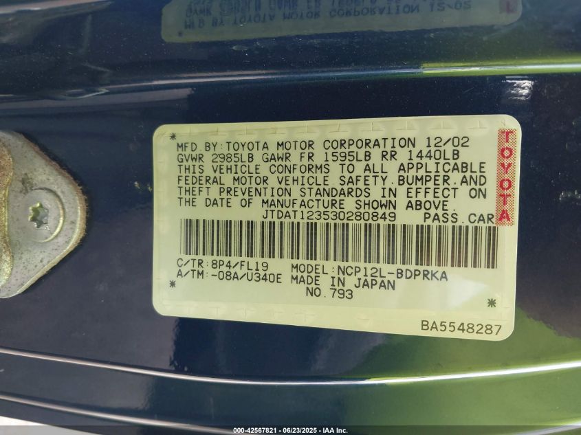 2003 Toyota Echo VIN: JTDAT123530280849 Lot: 42567821