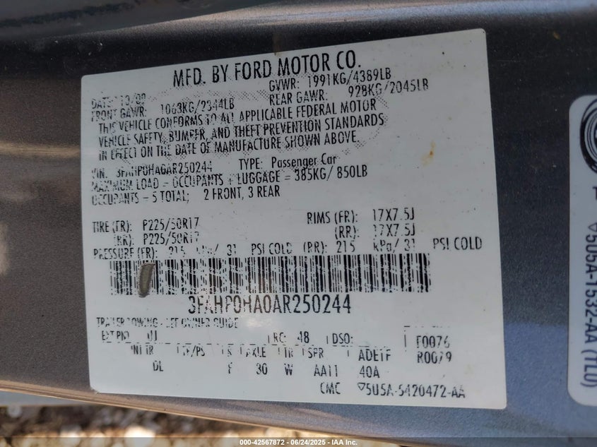 2010 FORD FUSION VIN: 3FAHP0HA0AR250244