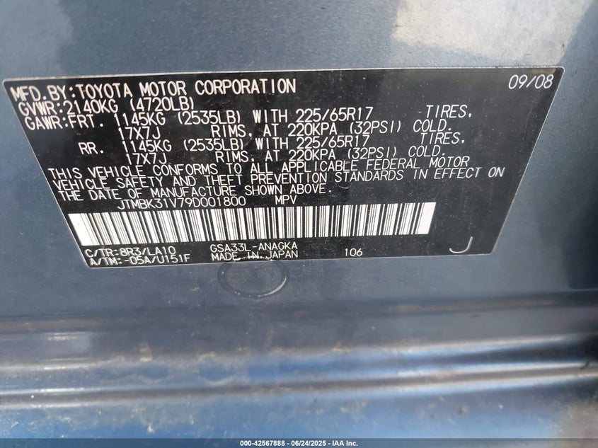 2009 Toyota Rav4 Limited V6 VIN: JTMBK31V79D001800 Lot: 42567888