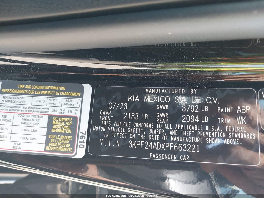 VIN 3KPF24ADXPE663221 2023 KIA FORTE LXS
