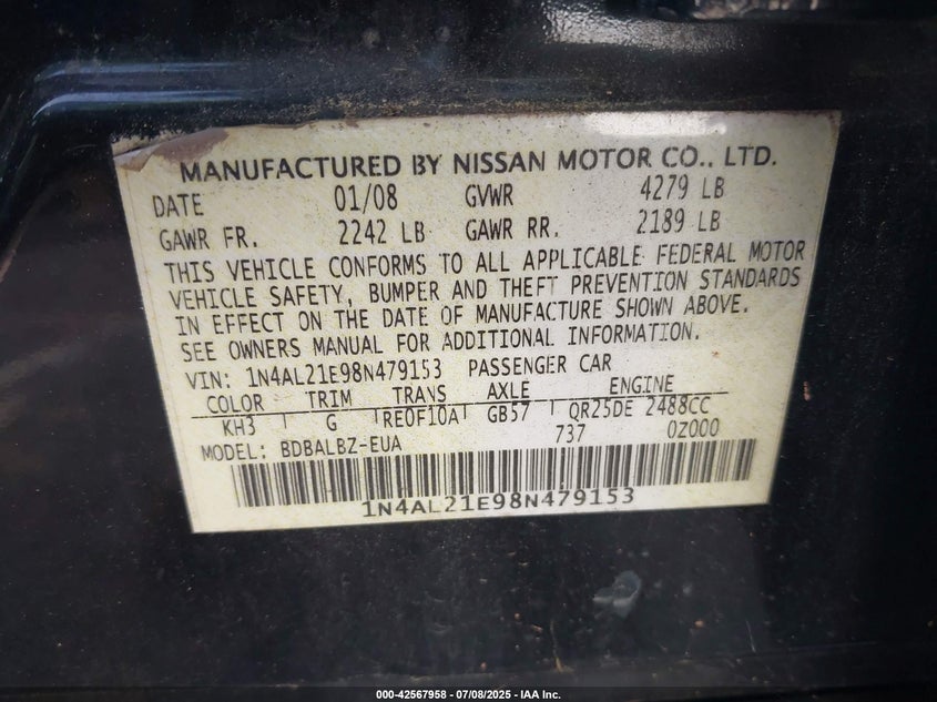 2008 NISSAN ALTIMA VIN: 1N4AL21E98N479153
