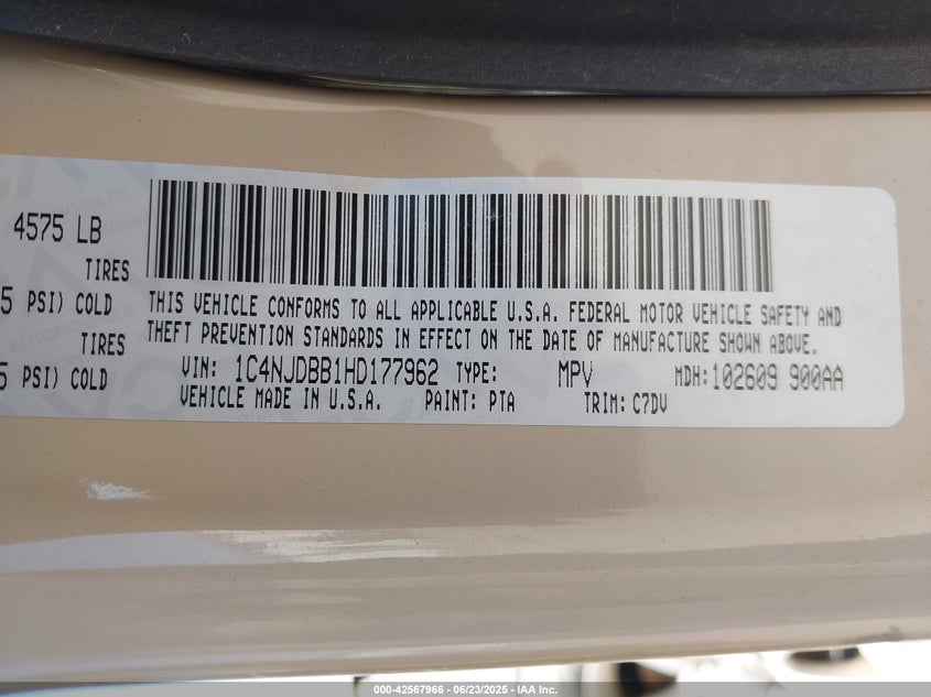 VIN 1C4NJDBB1HD177962 2017 JEEP COMPASS SPORT 4X4