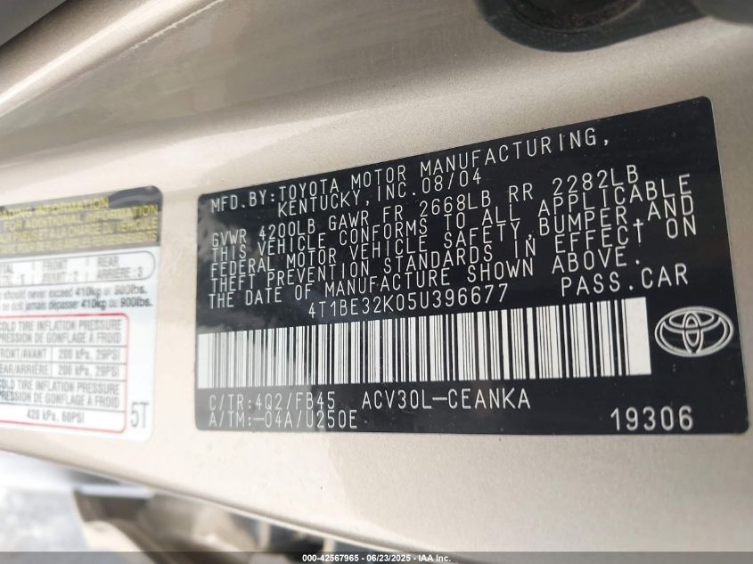2005 Toyota Camry Std VIN: 4T1BE32K05U396677 Lot: 42567965