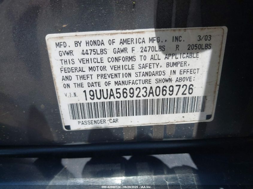 2003 Acura Tl 3.2 Type S VIN: 19UUA56923A069726 Lot: 42568124