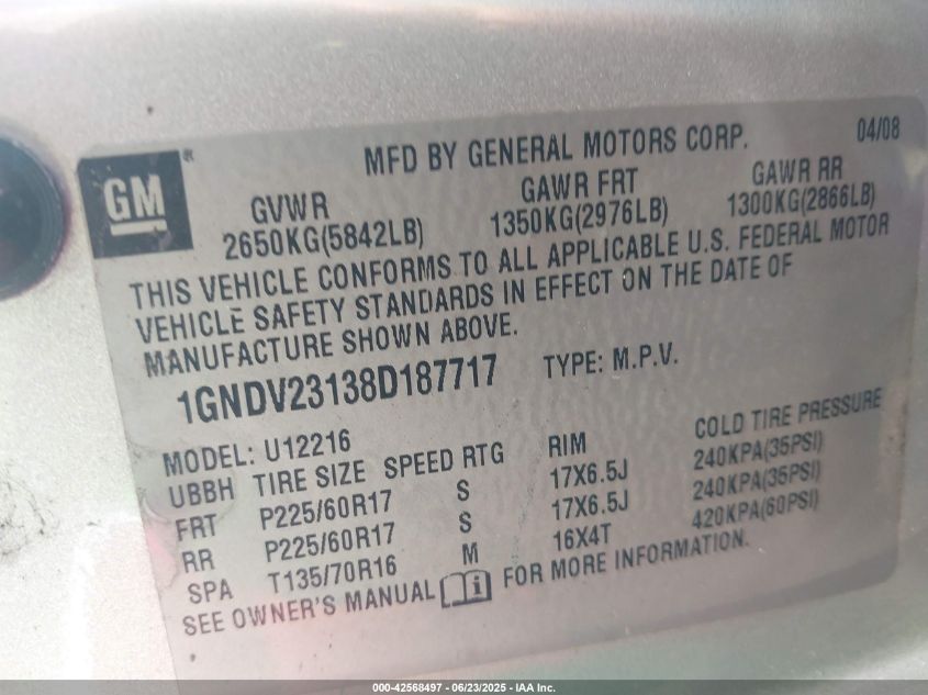 2008 Chevrolet Uplander Ls VIN: 1GNDV23138D187717 Lot: 42568497