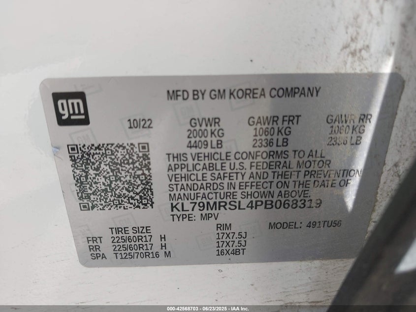 VIN KL79MRSL4PB068319 2023 CHEVROLET TRAILBLAZER AWD LT