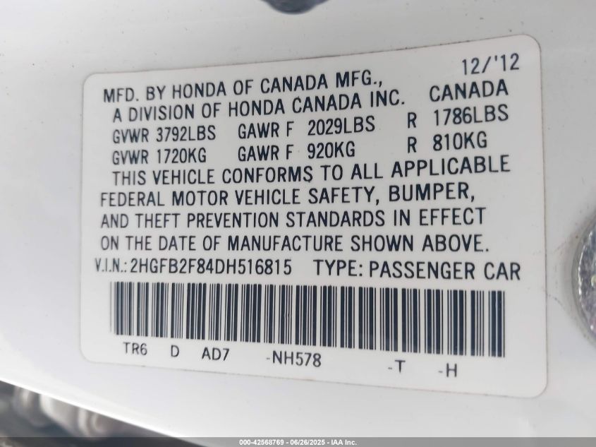 2013 Honda Civic Ex VIN: 2HGFB2F84DH516815 Lot: 42568769